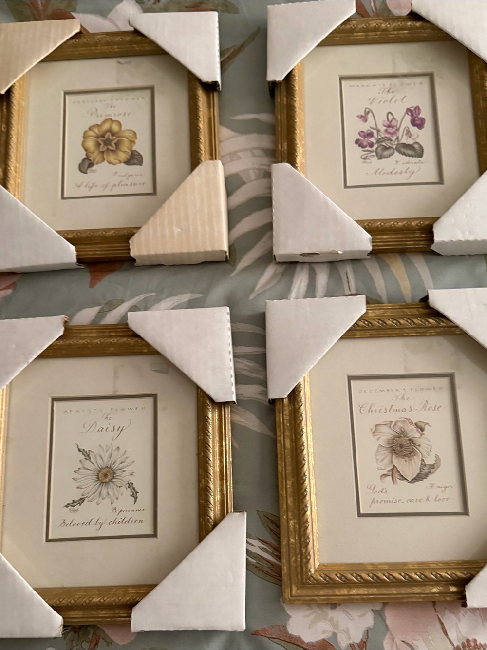 NEW-Set of 4 Cottagecore Floral Wall Art matted in classic Gold frames.